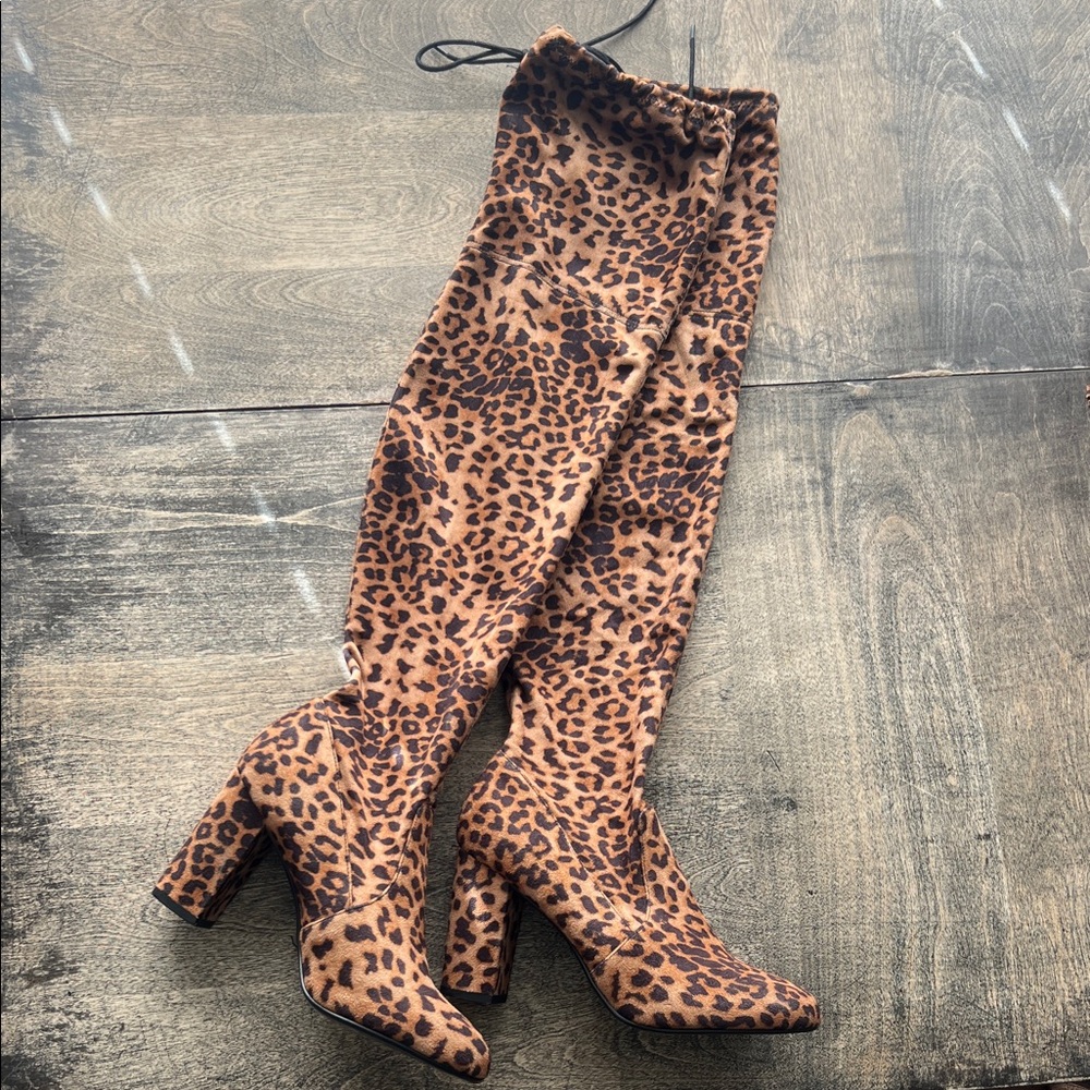 Leopard Print Tall Chunky Heel Soft Suede Thigh High Boot Women’s Size 7